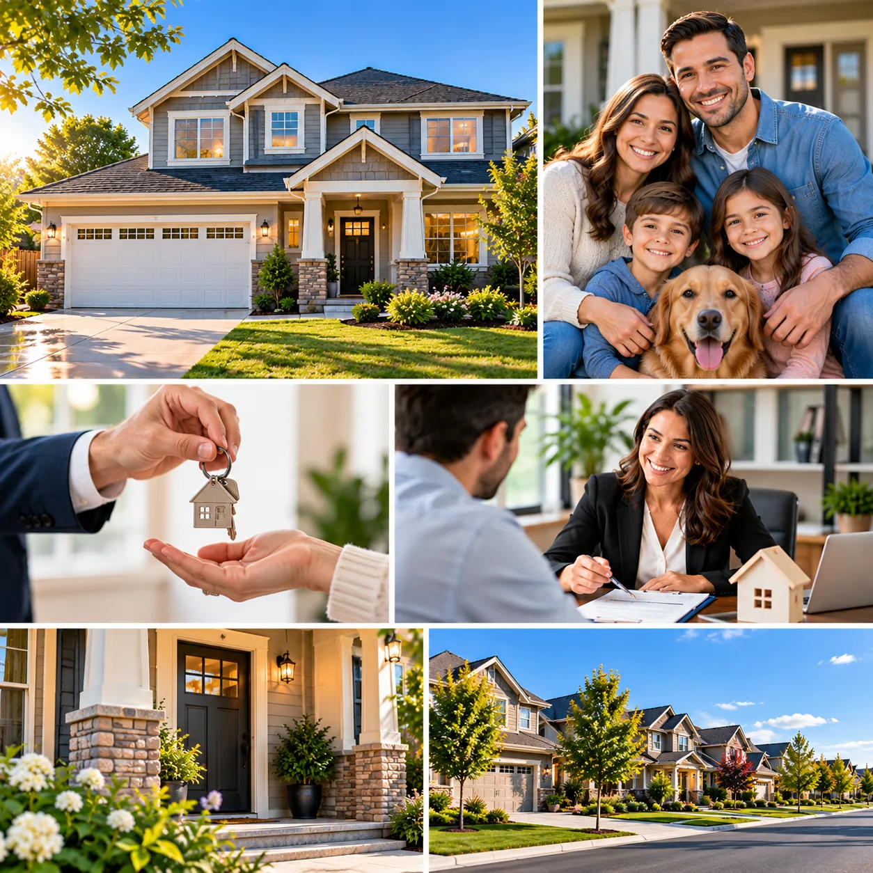 Homeowners insurance collage showing a family with a dog, houses, home keys and an insurance agent consultation.